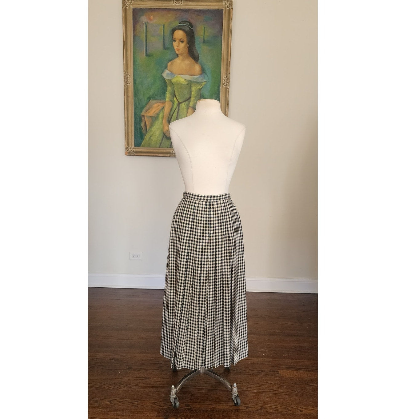 Vintage 1970s Long Skirt Houndstooth Wool High Waisted Pleated / S