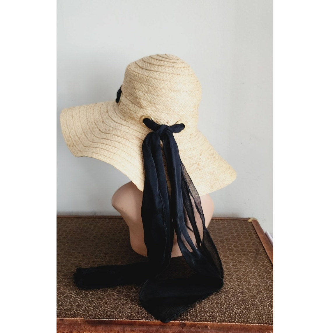 Vintage 90s Straw Summer Hat Badgley Mischka Floppy w/Black Scarf