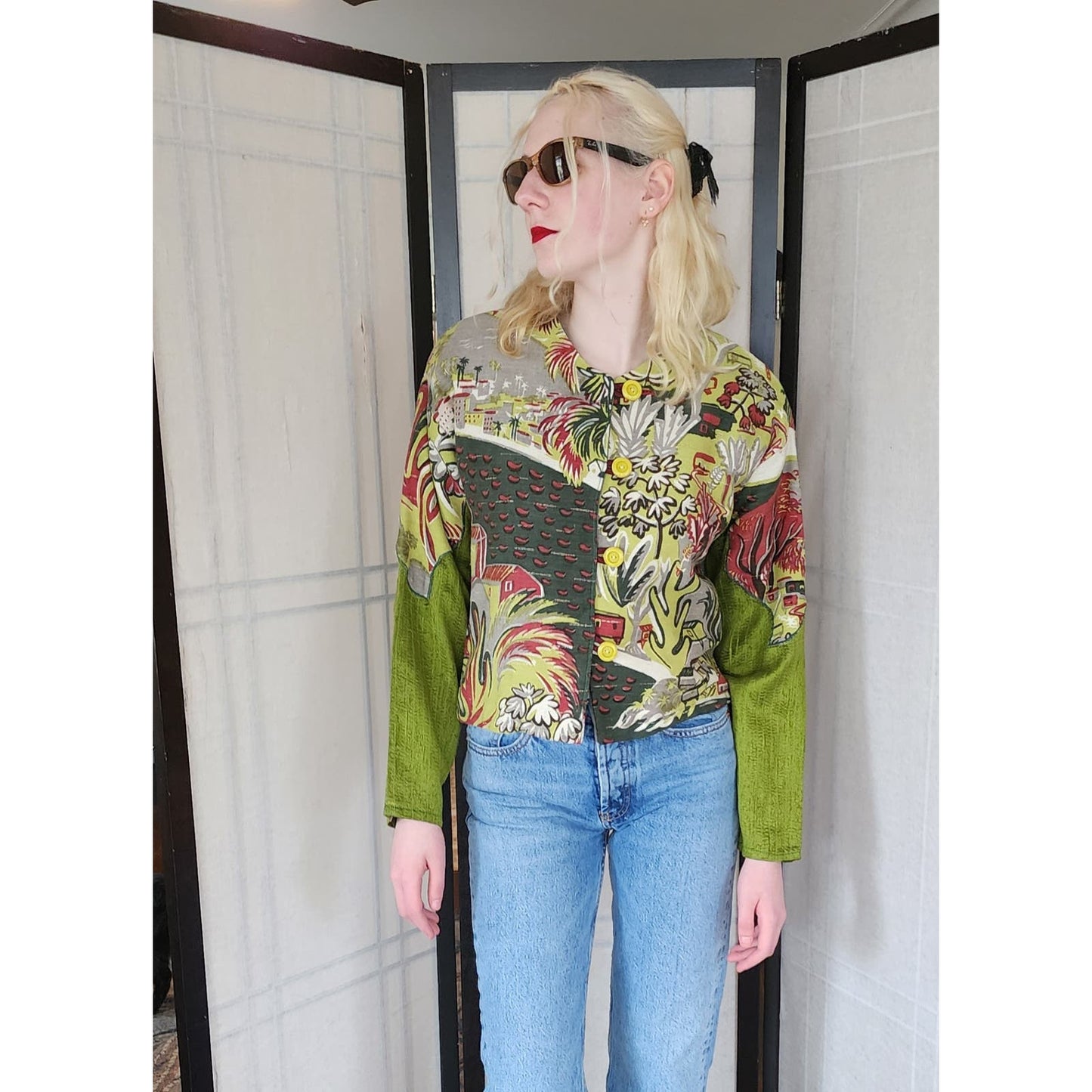 90s Cropped Blazer Novelty Print Sante Fe Style Village Cotton Canvas
