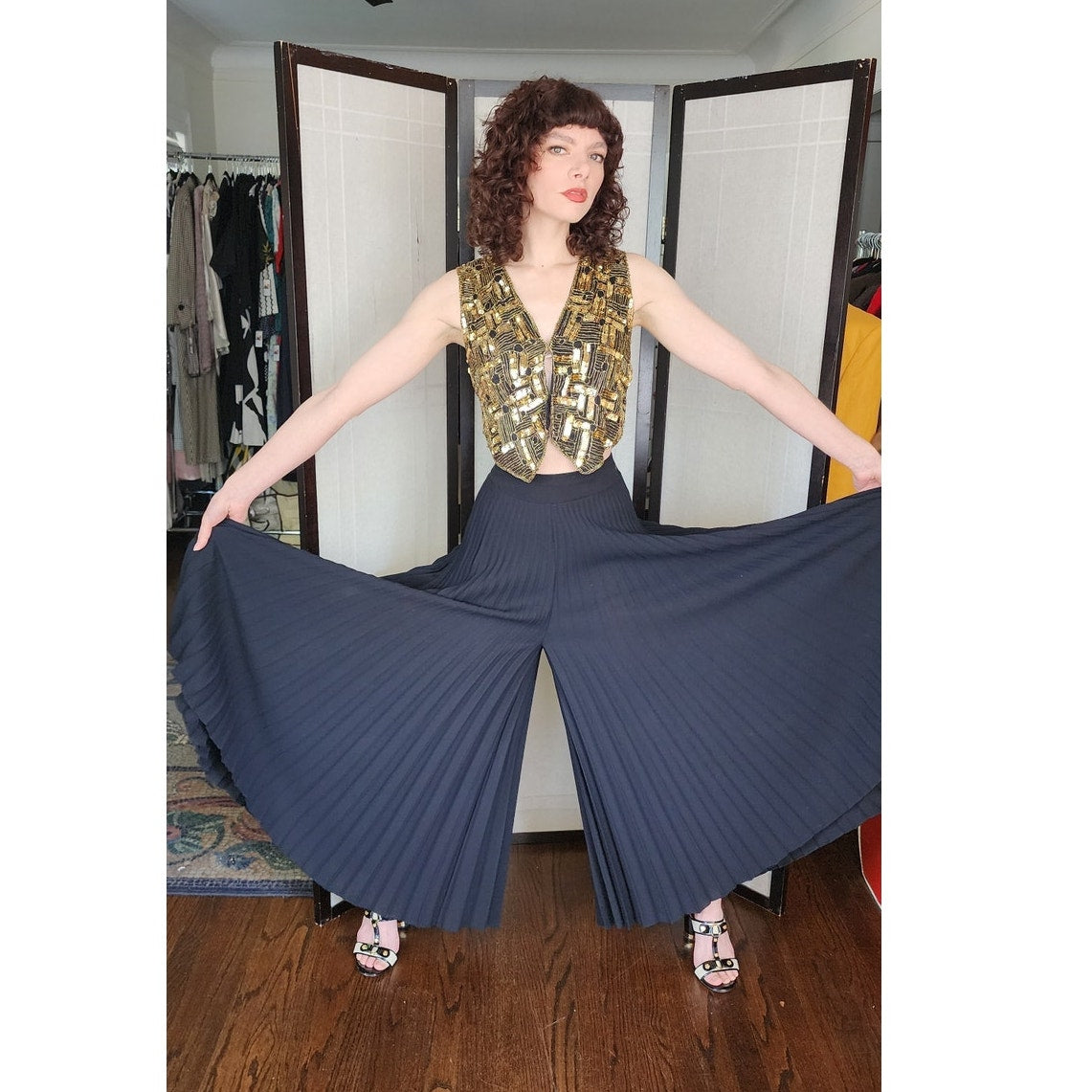 Vintage 70s Black Palazzo Pants Pleated Lynn Stuart Mister Pants