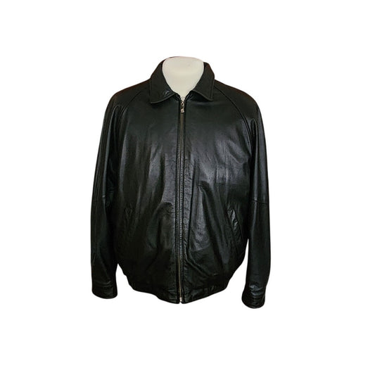 Vintage 1990s Perry Ellis Portfolio Jacket Leather Collared Full Zip Duckdown Liner XL