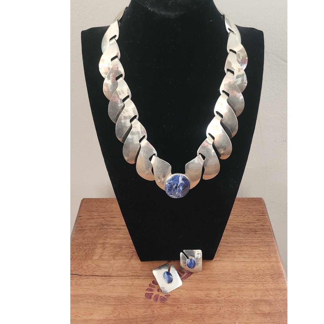 Vintage 1980s FLORELLE Necklace Earring Set Silver & Blue Sodalite
