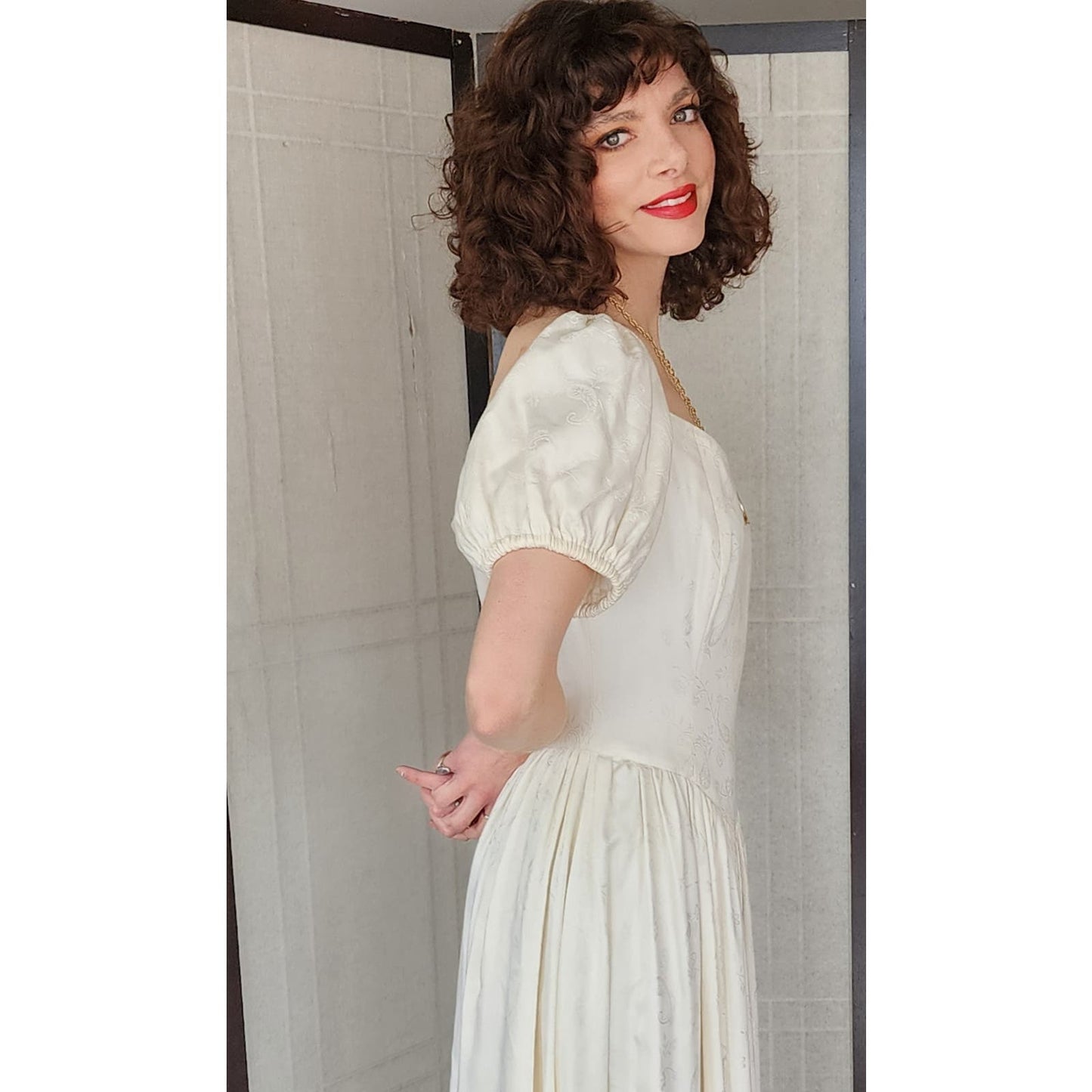 Vintage 80s White Damask Dress Puffed Sleeves