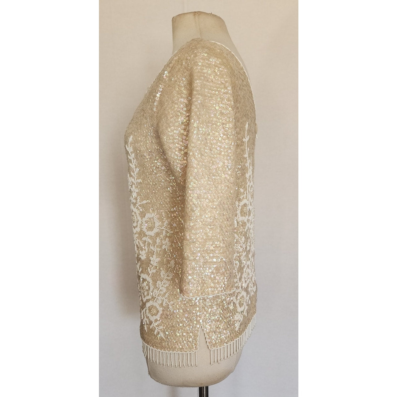 Vintage 1960s Beaded Sequined Top Cream Wool Long Sleeved Regalia Imports Hong Kong