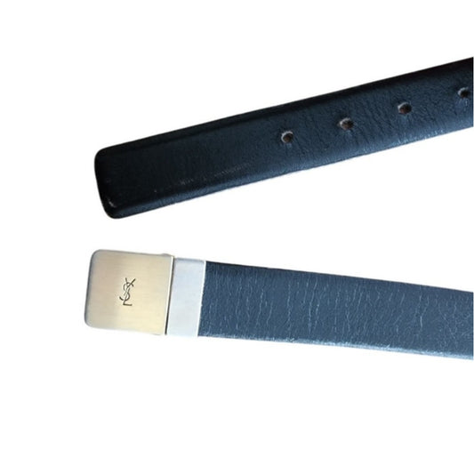 1980s YSL Black Leather Belt Brass Silver Buckle