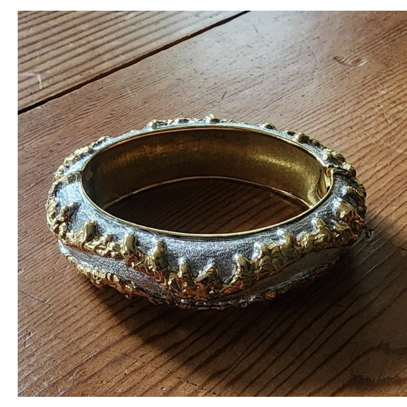 Vintage 70s Jomaz Bracelet Joseph Mazer Sculptural Brutalist Two Tone Gilt Clamper Bangle