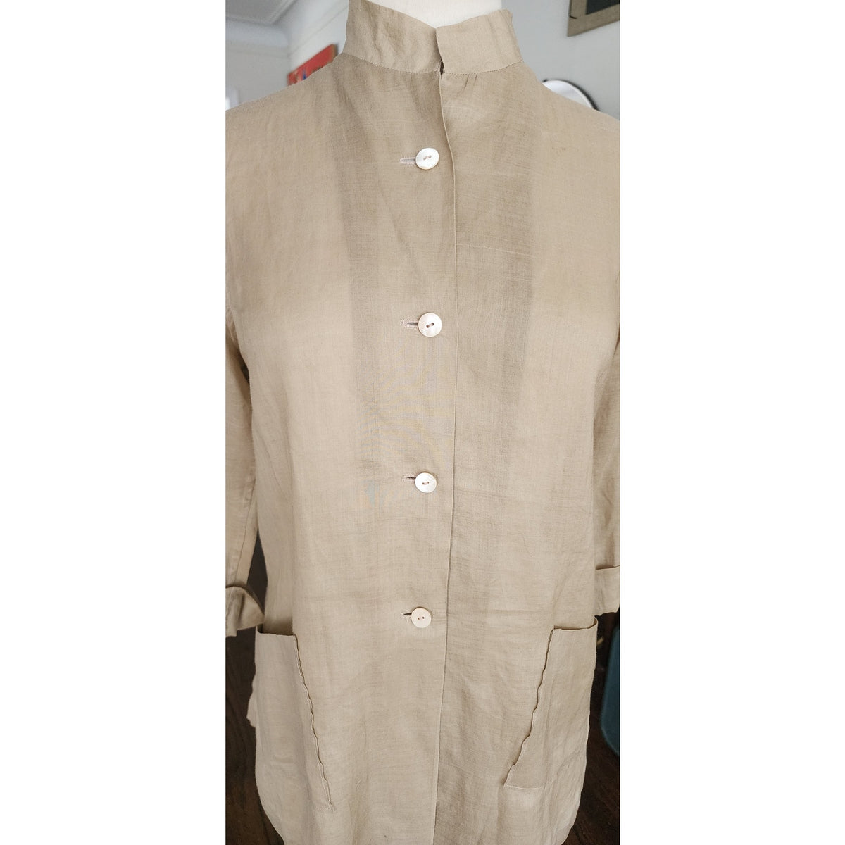 Vintage 90s Jil Sander Pant Suit Beige Ramie Nehru Jacket + Slacks
