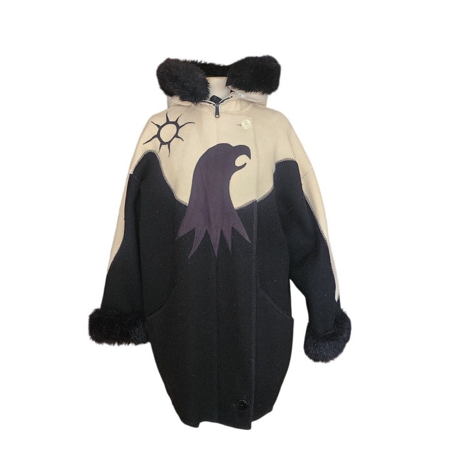 Vintage 1980s Linda Lundstrom La Parka Guardian Eagle Coat Art to Wear Hooded Faux Fur + Liner