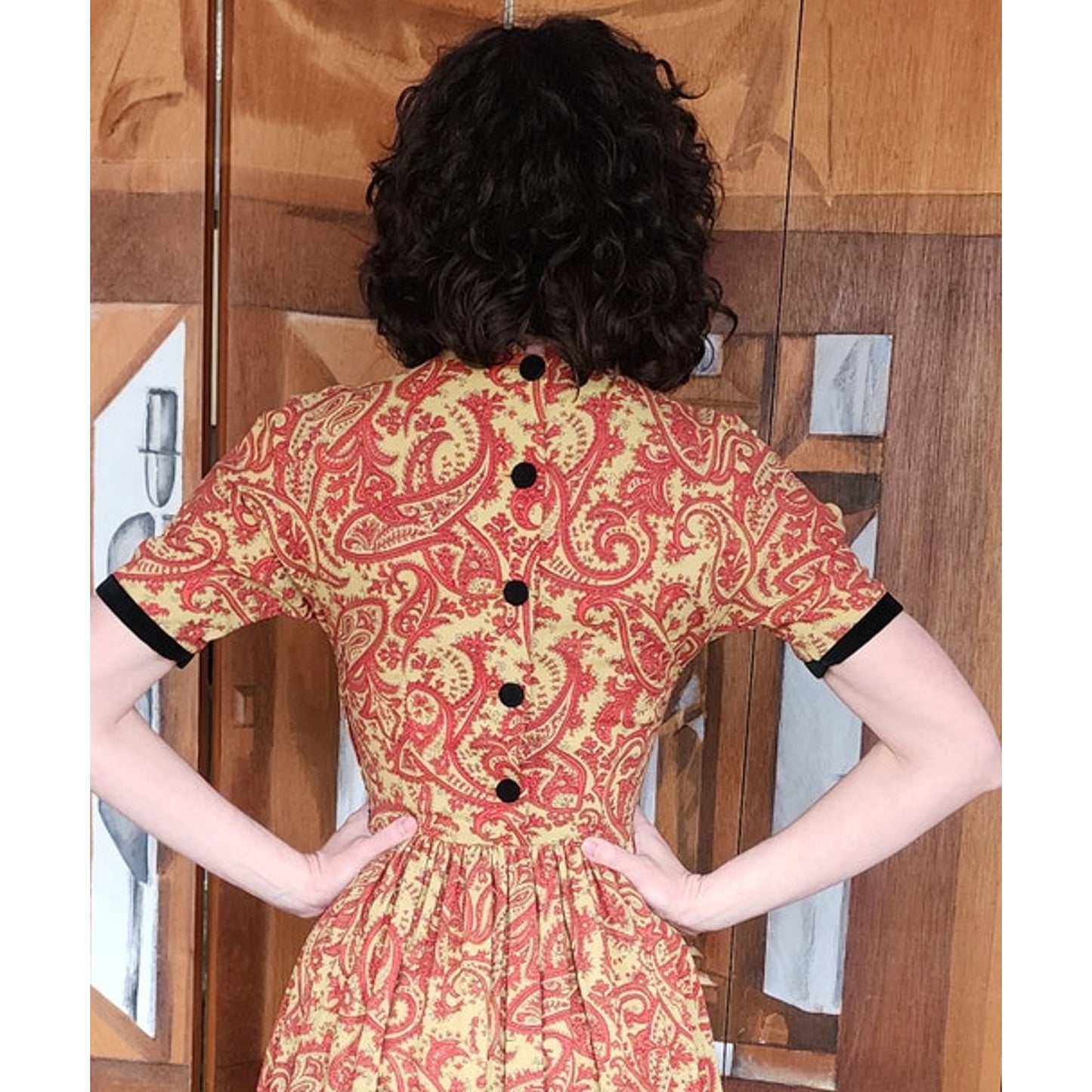 Vintage 50s Orange Paisley Print Midi Dress Carole King Junior Fashions / XS