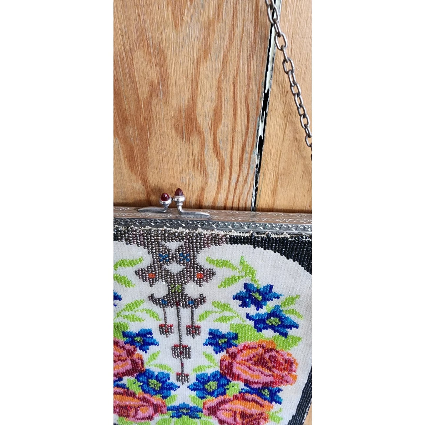 Antique Glass Bead Bag Edwardian Purse Floral Rose Pattern