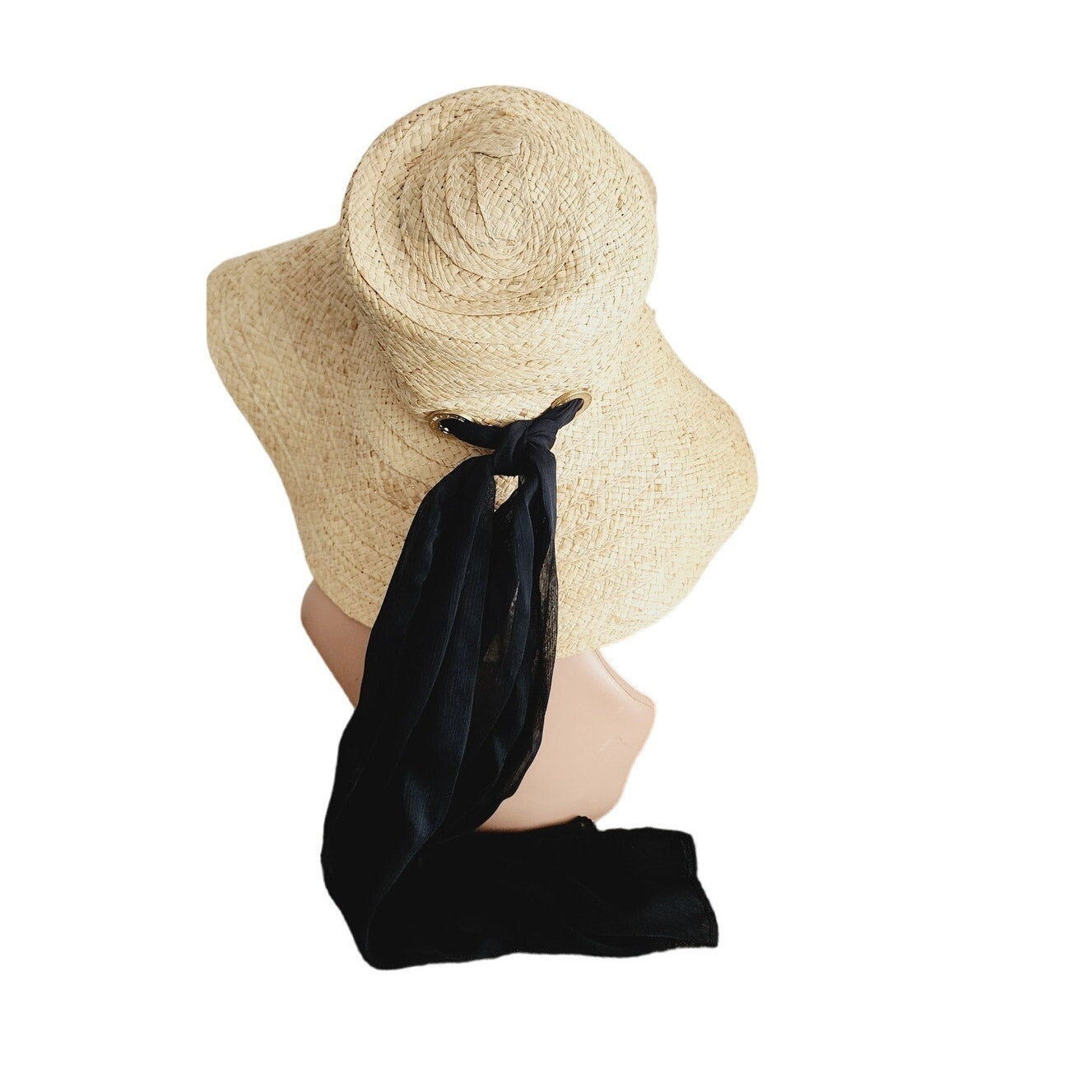 Vintage 90s Straw Summer Hat Badgley Mischka Floppy w/Black Scarf