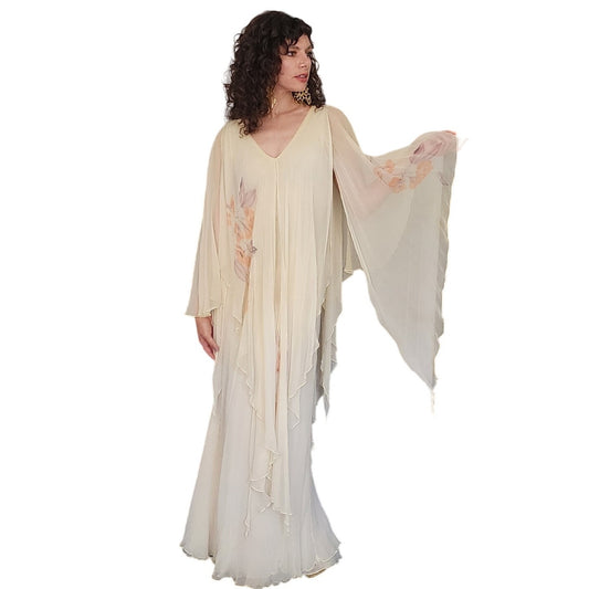 70s Cream Chiffon Evening Dress Maxi w/Angel Sleeves / St. Simon