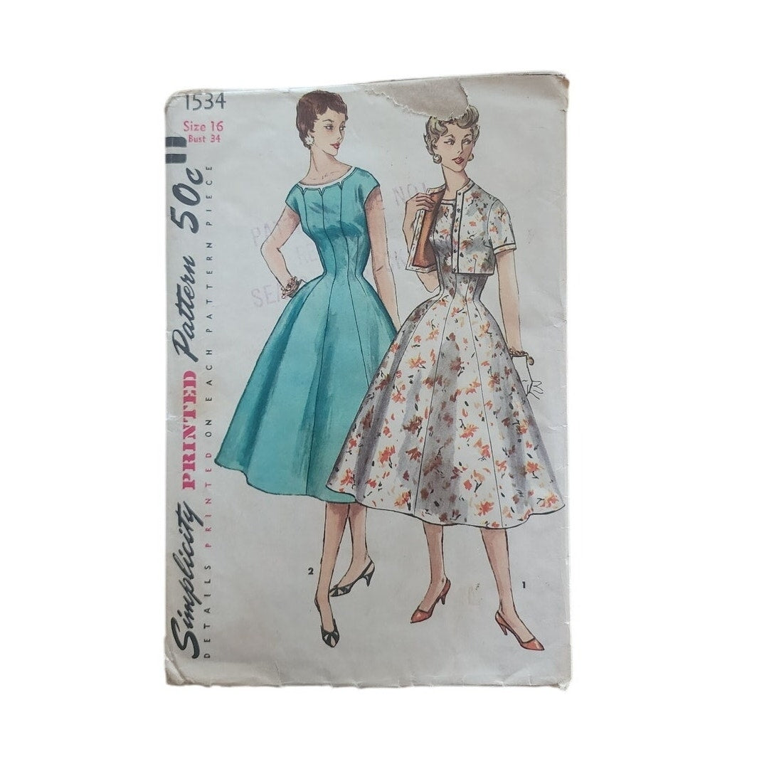 Vintage 50s Original Sewing Pattern UNCUT: Dress + Jacket Set Simplicity 1534