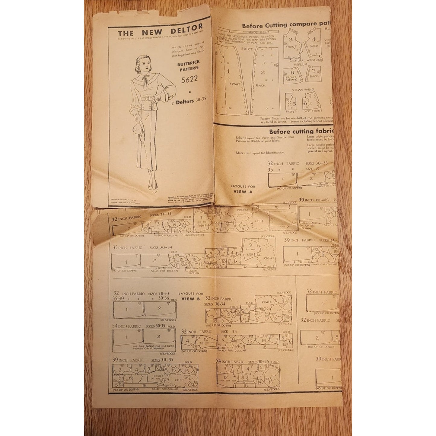 Vintage 1930s Sewing Pattern ORIGINAL:  Dress w/Collar & Belt Butterick 5622