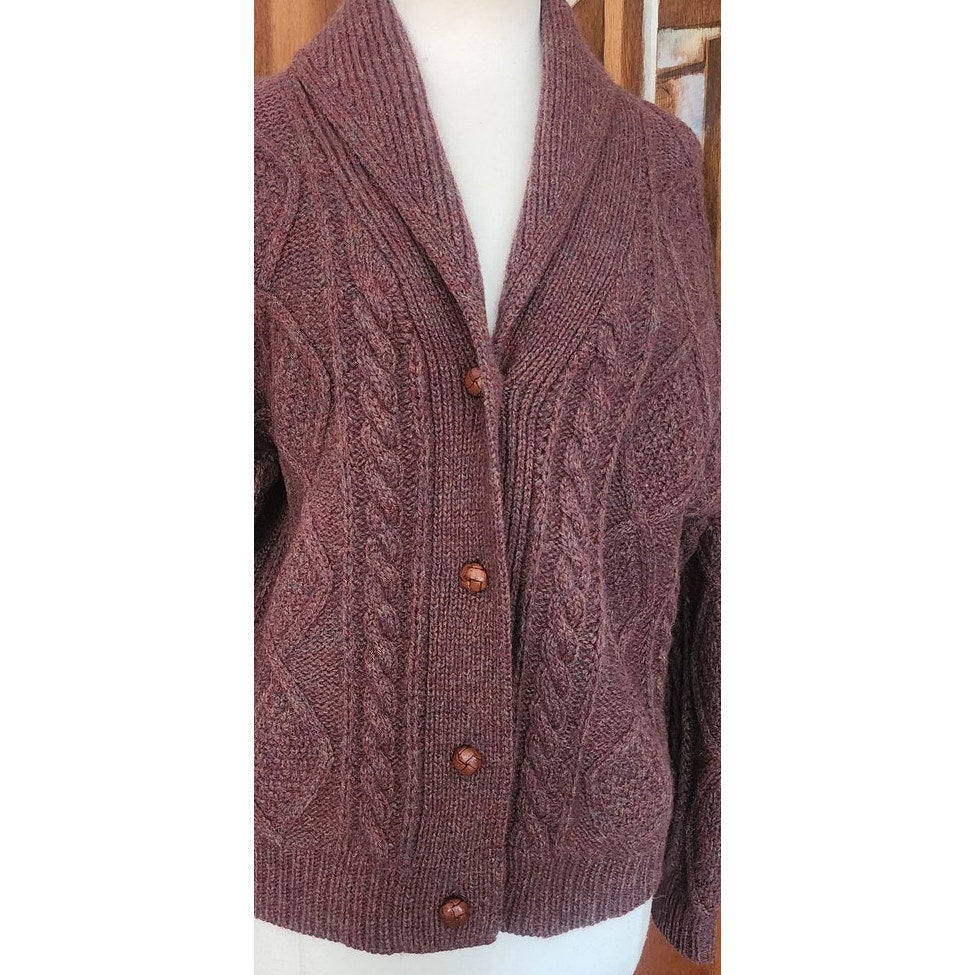 Vintage 1980s Gap Cardigan Sweater Chunky Brown Cable Knit  Shetland Wool
