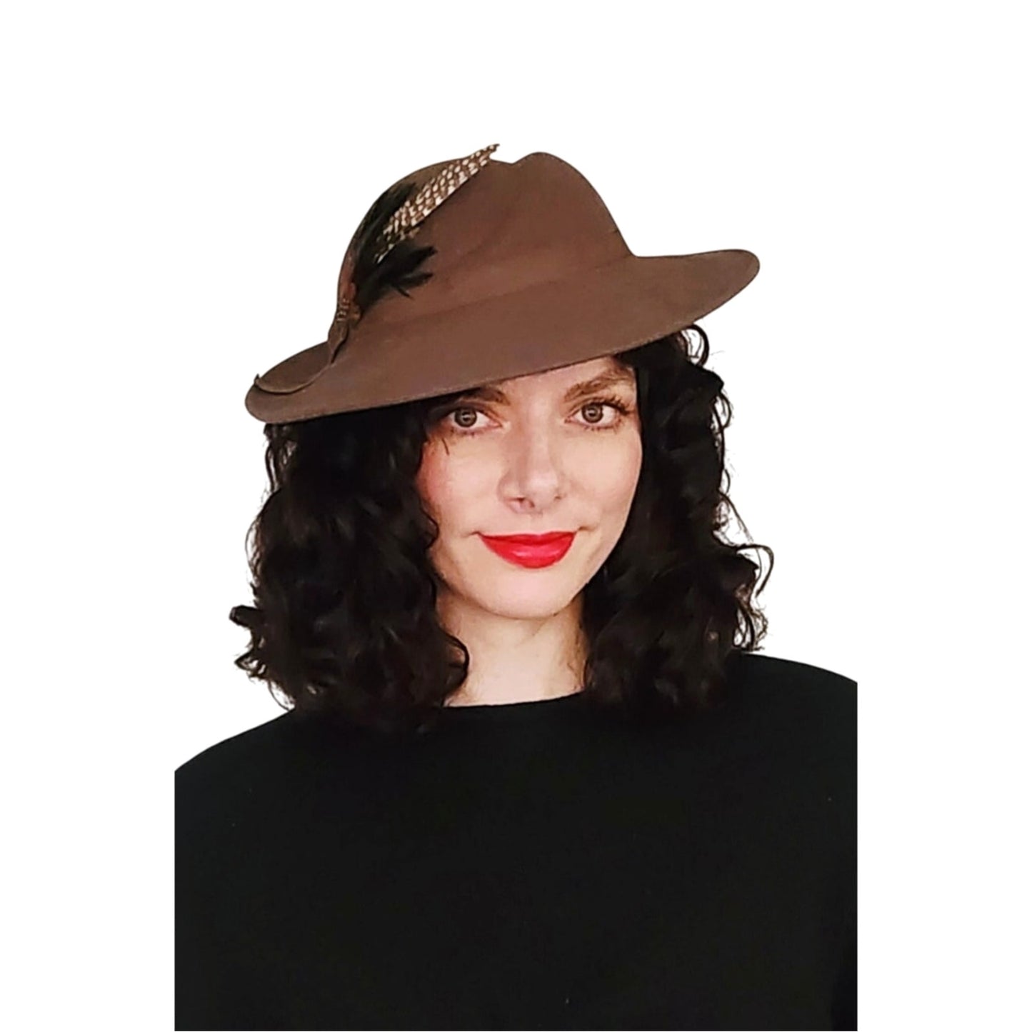 Vintage 1970s Ladies Fedora Hat Brown Wool Wide Brim Feather