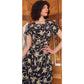 Vintage ORIGINAL 40s Leslie Fay Black Cream Floral Ribbon Rayon Midi Day Dress