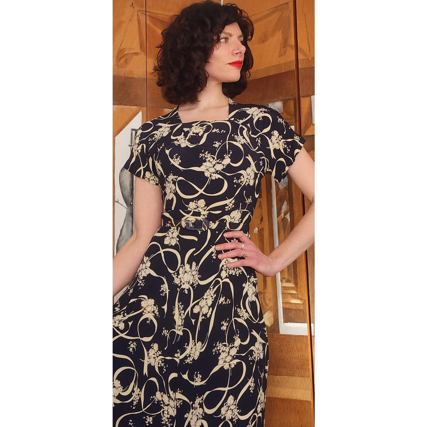 Vintage ORIGINAL 40s Leslie Fay Black Cream Floral Ribbon Rayon Midi Day Dress