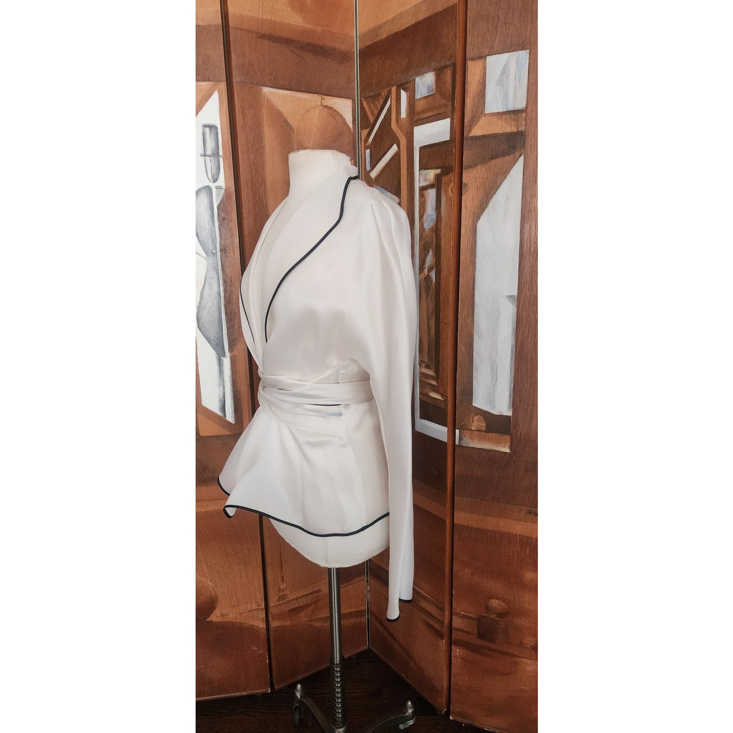 Vintage 1990s Sheer White Blazer w/Black Trim Sash Tie Belt