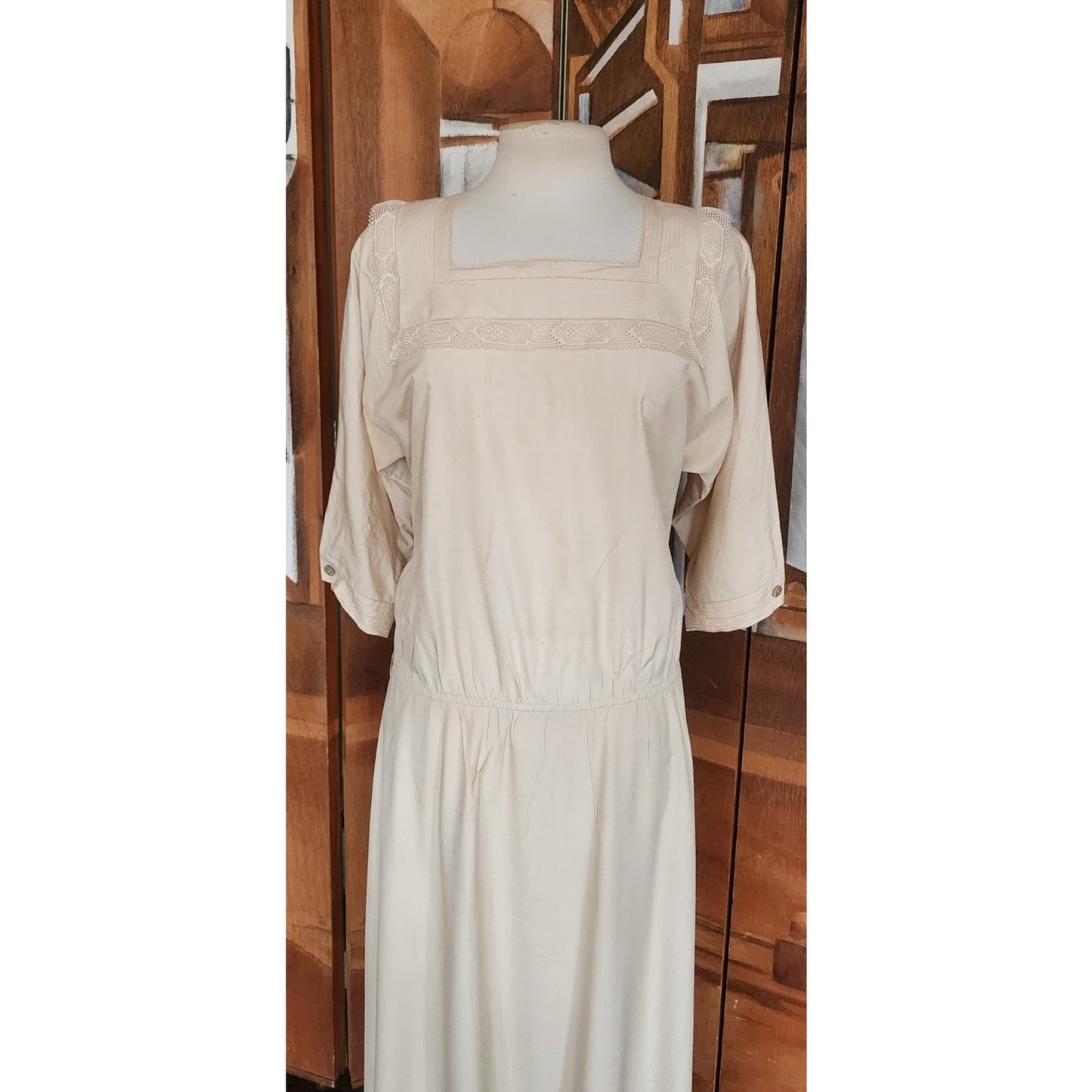 Vintage 1980s Cream Silk Dress Lace Trim Drop Waist Edwardian Style Norma Walters