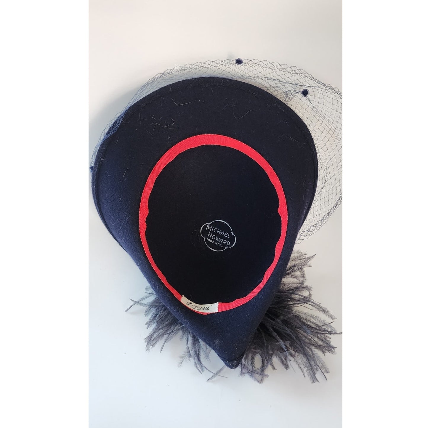 Vintage 70s Navy Blue Wool Hat w/Ostrich Feither & Dotted Veil Georgi