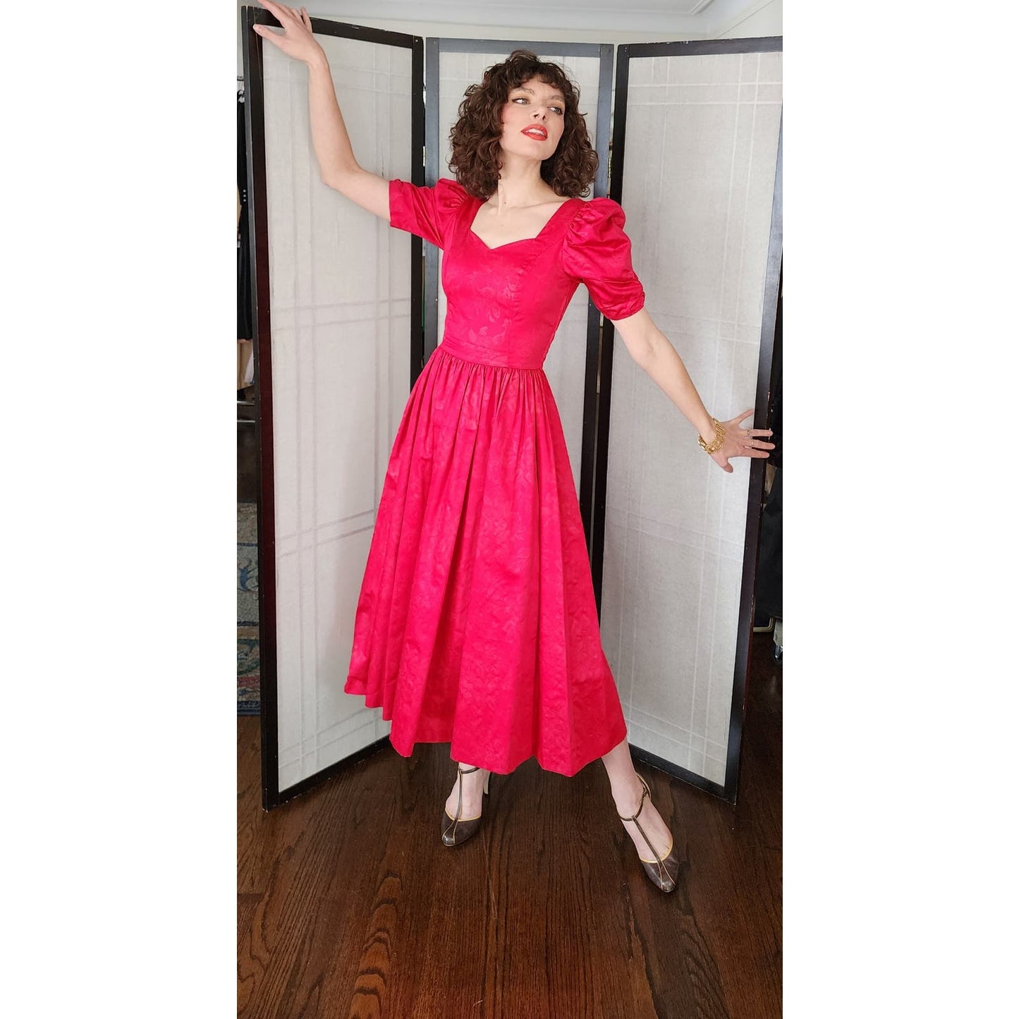 Vintage 80s Red Laura Ashley Dress Subtle Gold Floral Print Puffed Sleeves