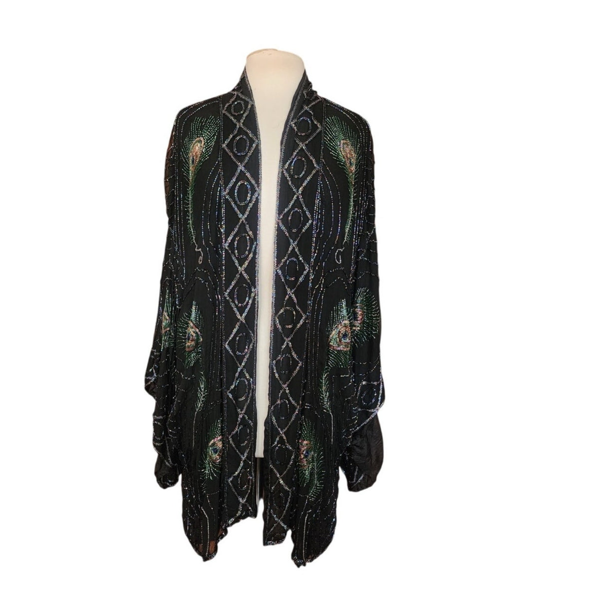 Vintage 1990s Evening Kimono Jacket Shimmering Peacock Feathers Beaded Black Duster Boho Chic Art Nouveau Deco