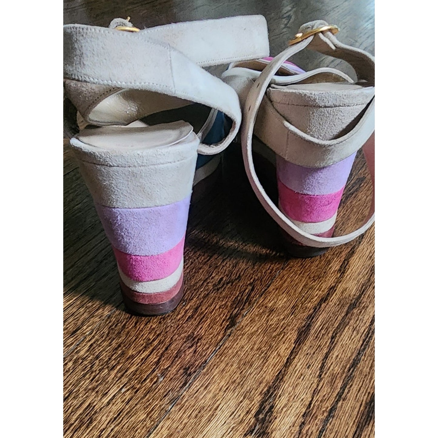 Vintage 1970s 80s Shoes Patchwork Suede Sandals Wedge Heel Pink Purple Blue 6
