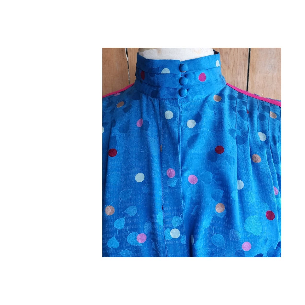 Vintage 80s Blue Silk Dress Polkadot Print Francesca Damon Starington