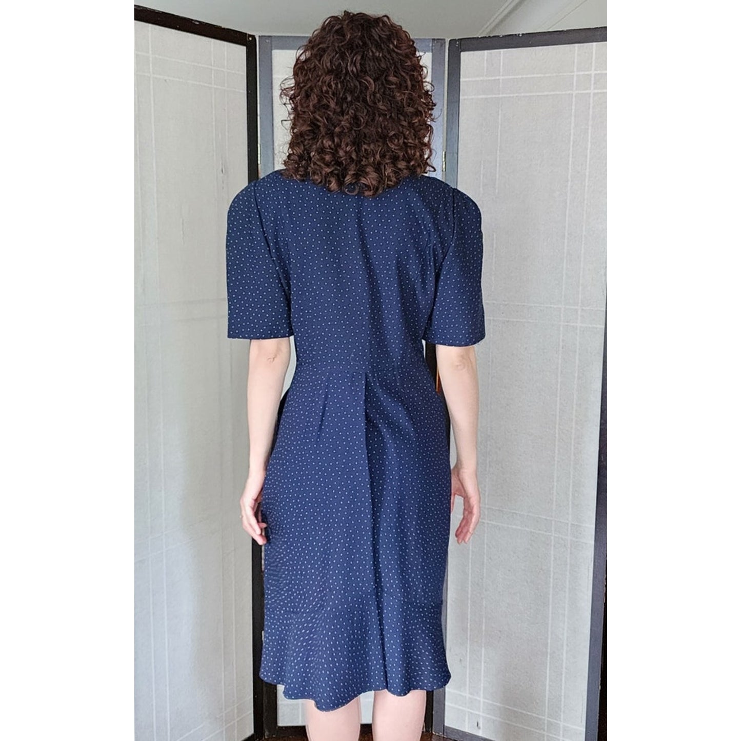 Vintage 80s Krizia Dress Navy Blue White Micro Dot Print White Collar