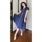 Vintage 40s Navy Blue Summer Dress White Buttons Shawl Collar