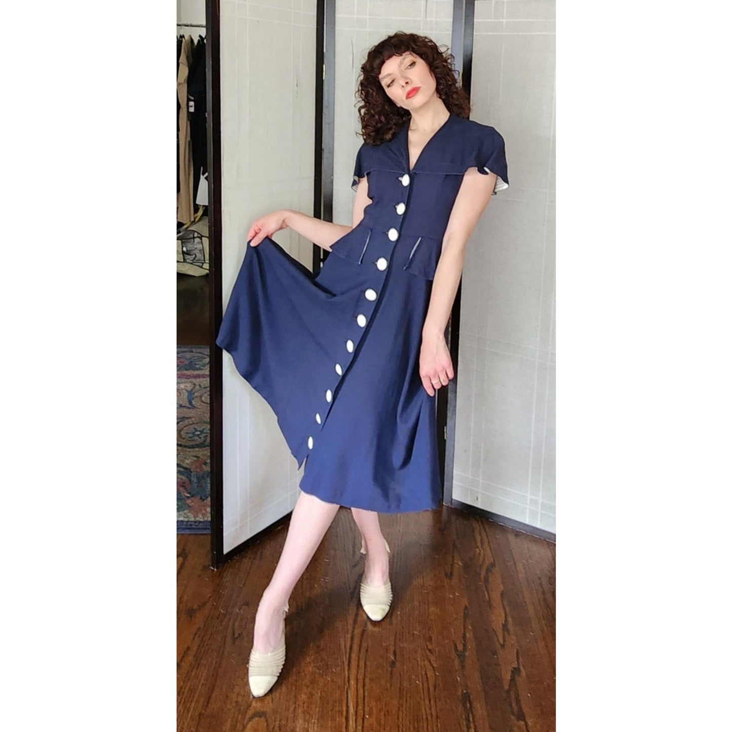 Vintage 40s Navy Blue Summer Dress White Buttons Shawl Collar