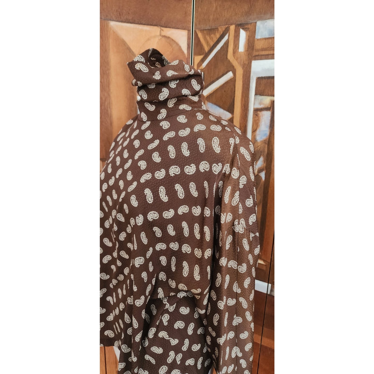 Vintage 80s GENNY Silkprint Blouse Tunic Paisley Print Brown White