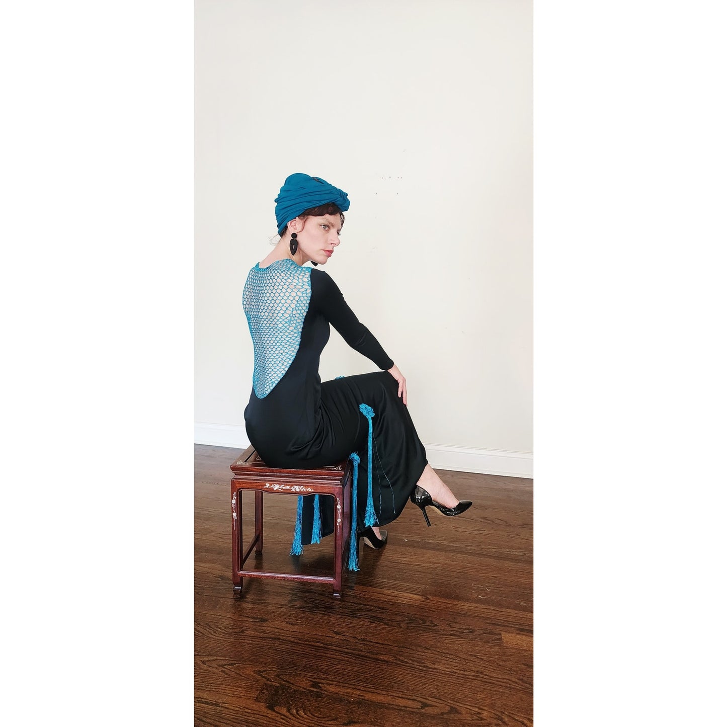 Vintage 80s Evening Dress Black w/Turquoise Knit Open Back Fishtail Skirt Victoria March Chicago