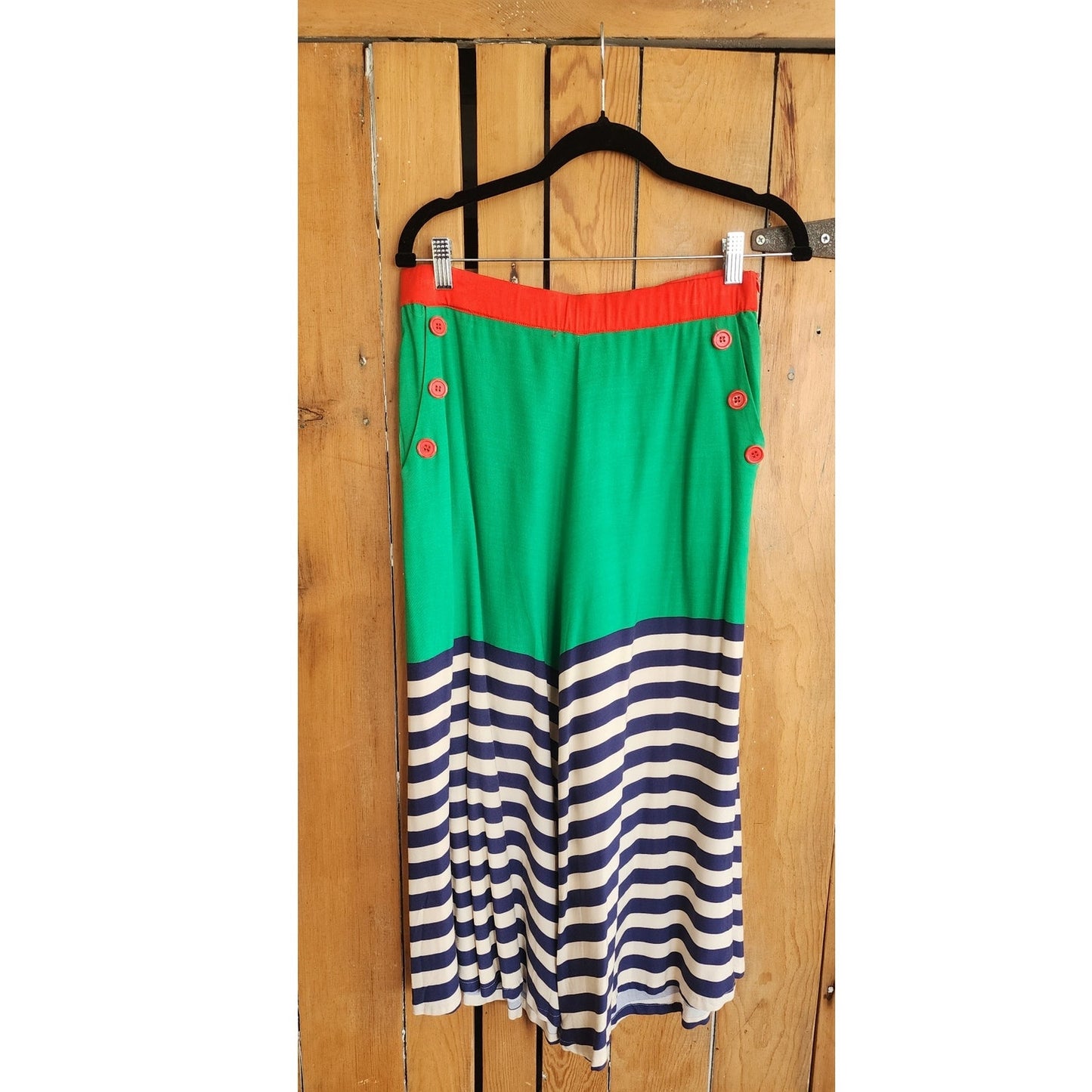 Retro Style Striped Culottes Green Navy Blue High Waisted Sailor Pants / M