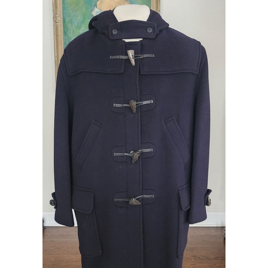 Vintage 1990s Mens Duffle Coat Lands End Navy Blue Wool Hooded w/Toggle Closure