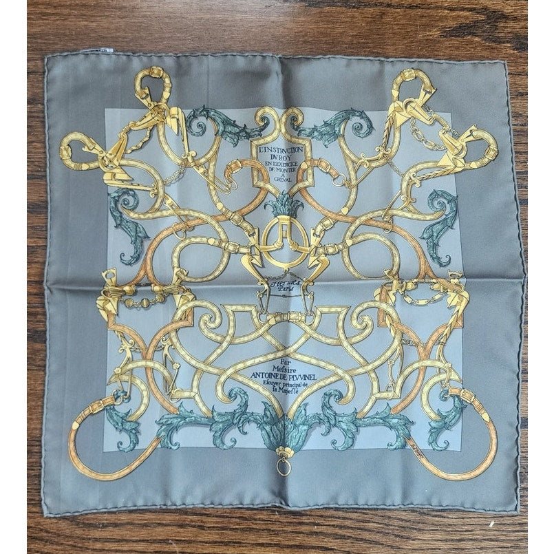 Vintage 90s Hermes Silk Scarf Equestrian Carre 90 Gray Gold l'Instruction du Roy