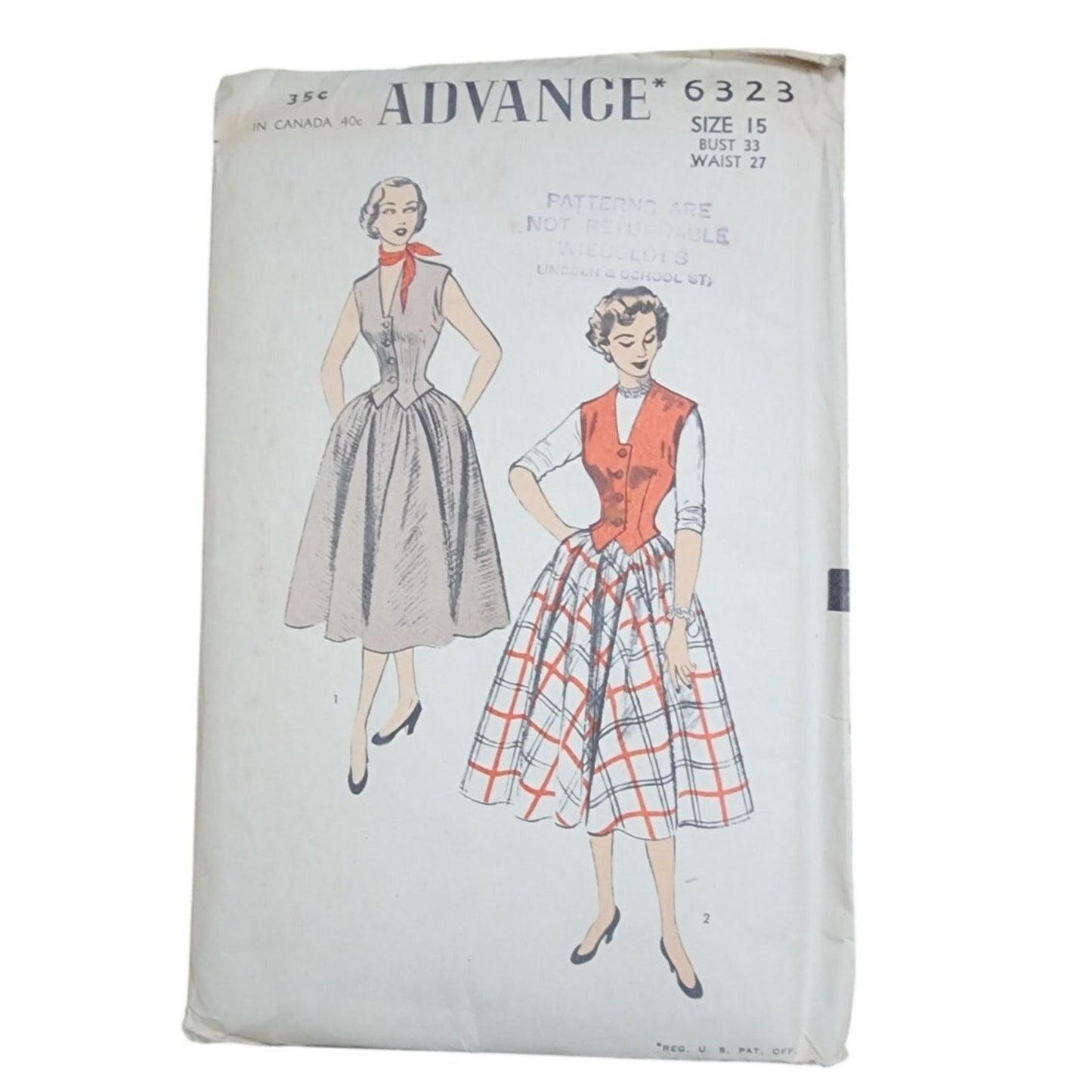 Vintage 1950s Sewing Pattern ORIGINAL Advance 6323 Womens Skirt + Vest Set