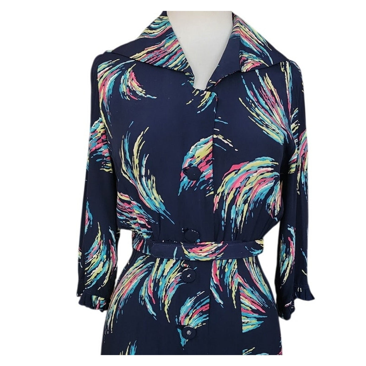 Vintage 1940s Dress Blue Rayon Novelty Print Midi Button Down Belted Shirtdress