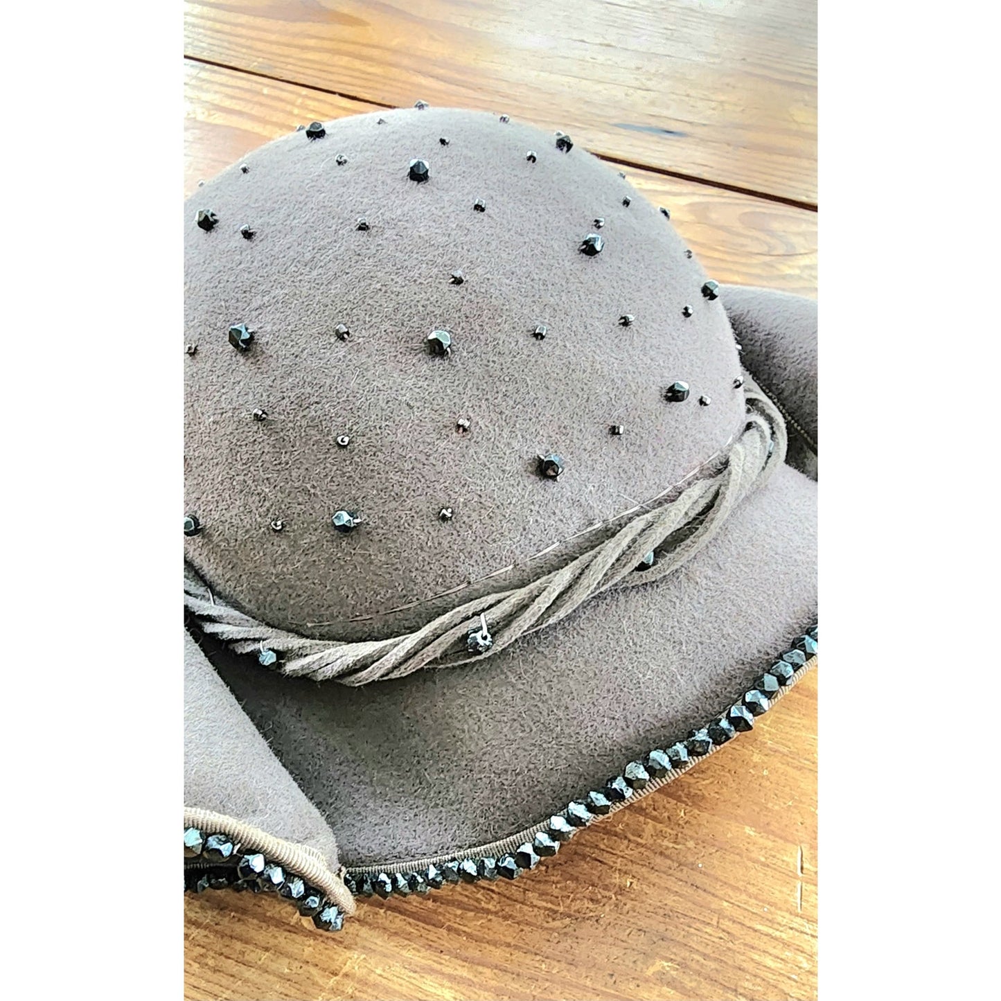 Vintage 50s Beaded Hat Gray Wool Hat  Rolled Brim