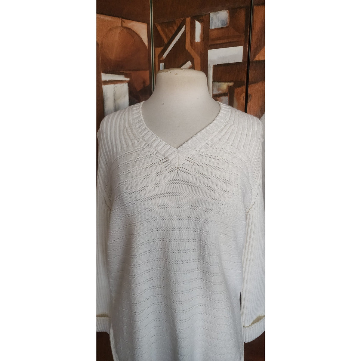 Vintage 1990s Sonia Rykiel Sweater White Knit V Neck Tunic Jumper Textured Stripe Oversized