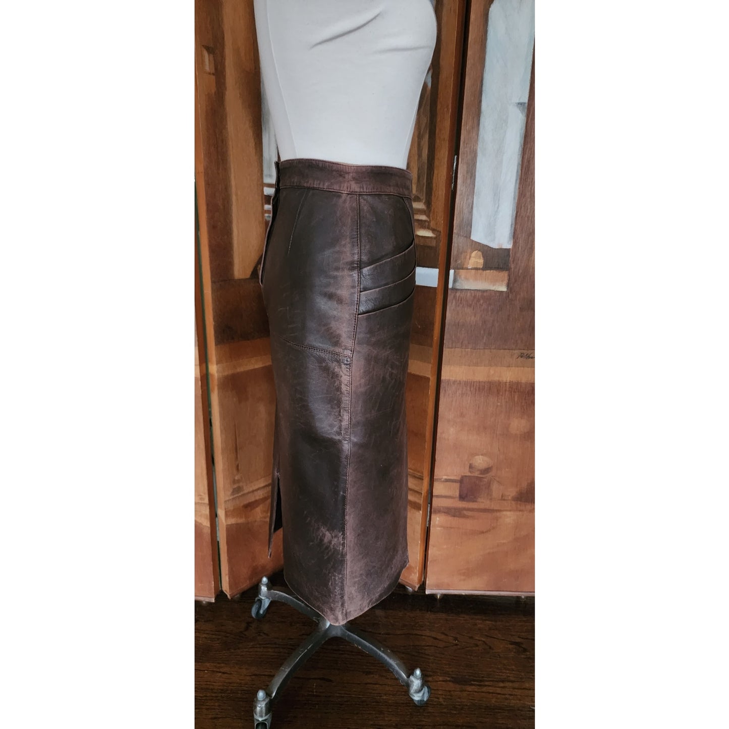 Vintage 80s Brown Leather Pencil Skirt High Waisted Geometric Accent Stitching