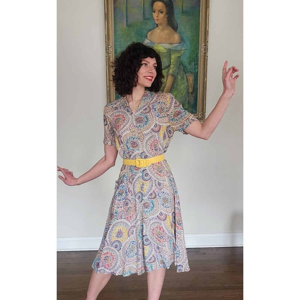 40s Saybury Paisley Rayon 2 Pc Dress &amp; Jacket Set with Yellow Sleeves &amp; Belt
