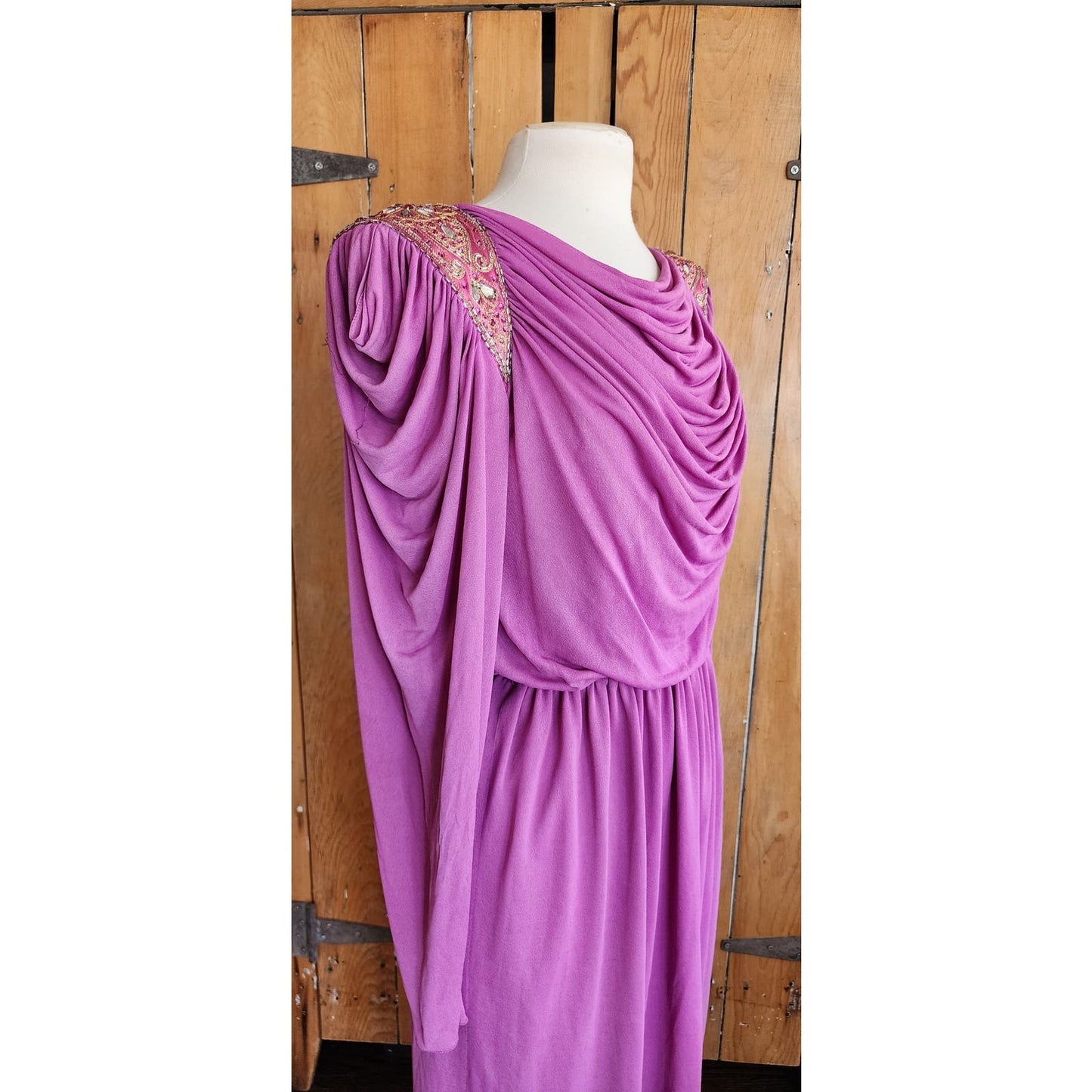 Vintage 80s Purple Evening Dress Grecian Drape Torso Beaded Shoulders Jonathan Hitchcock