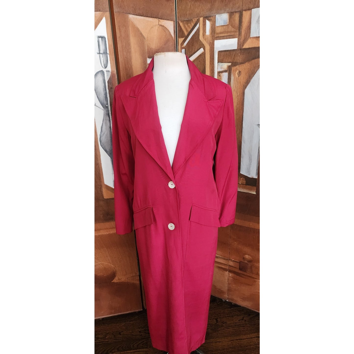 Vintage 90s Burgundy Red Spring Coat Rayon with White Buttons / M
