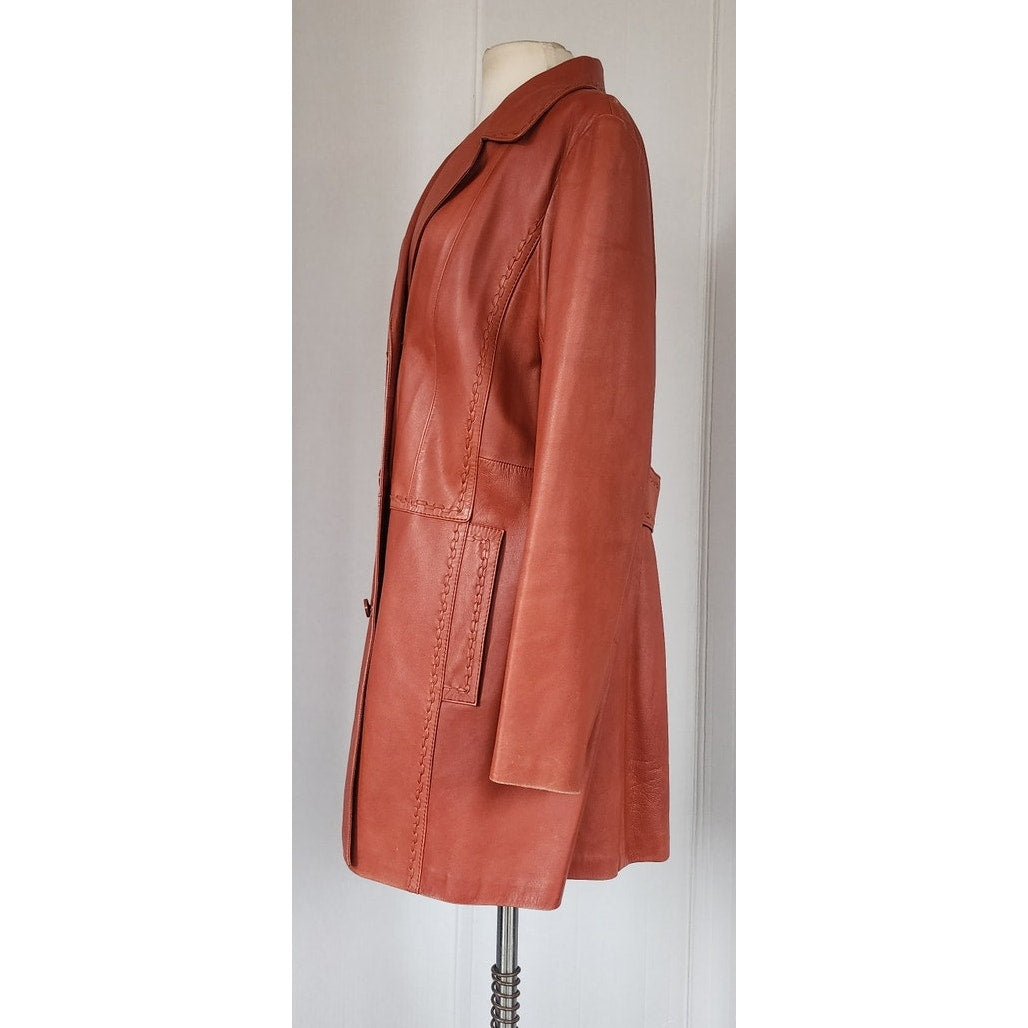 Vintage 70s Brown Leather Coat Hip Length Double Breasted / L
