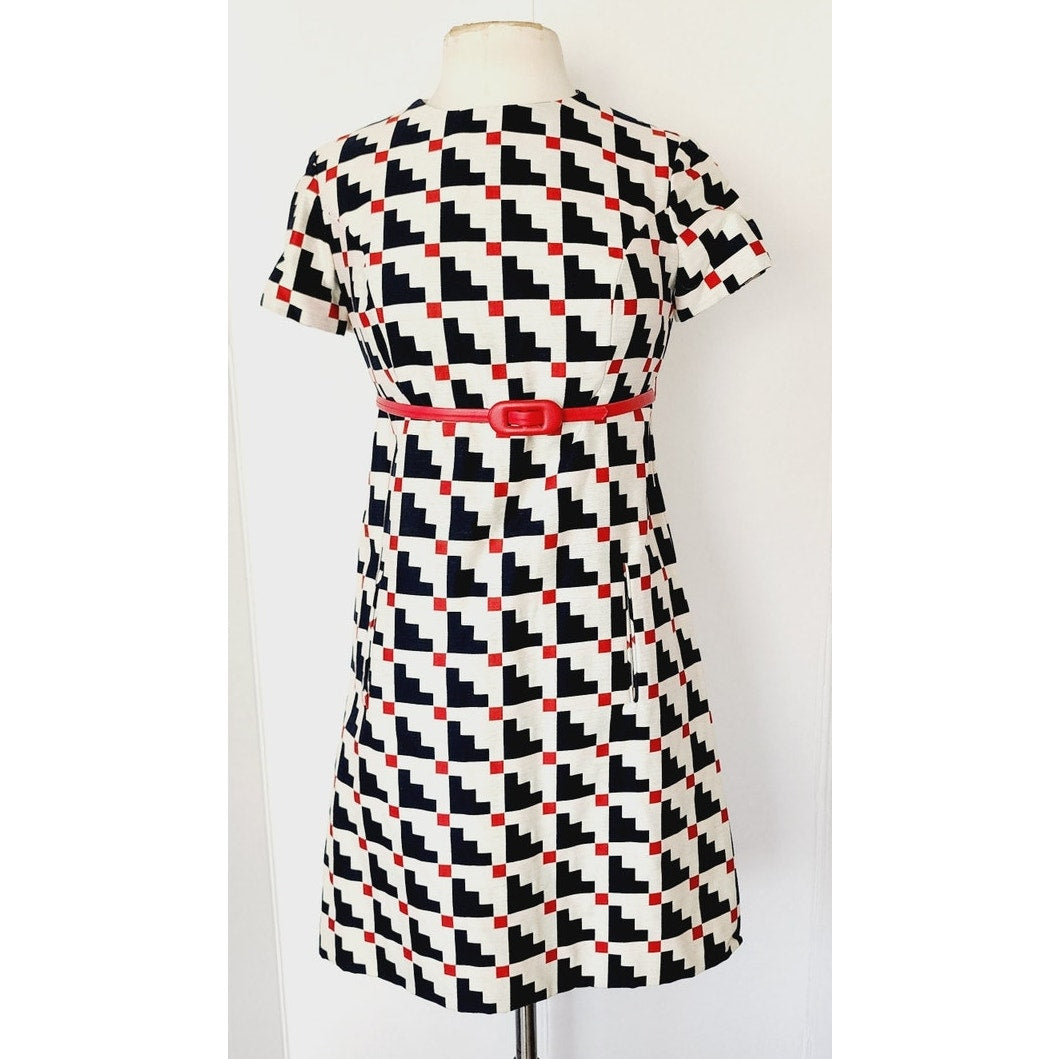 Vintage 60s Mod Dress Suit / Coat Set Geometric Print Navy Blue Red White
