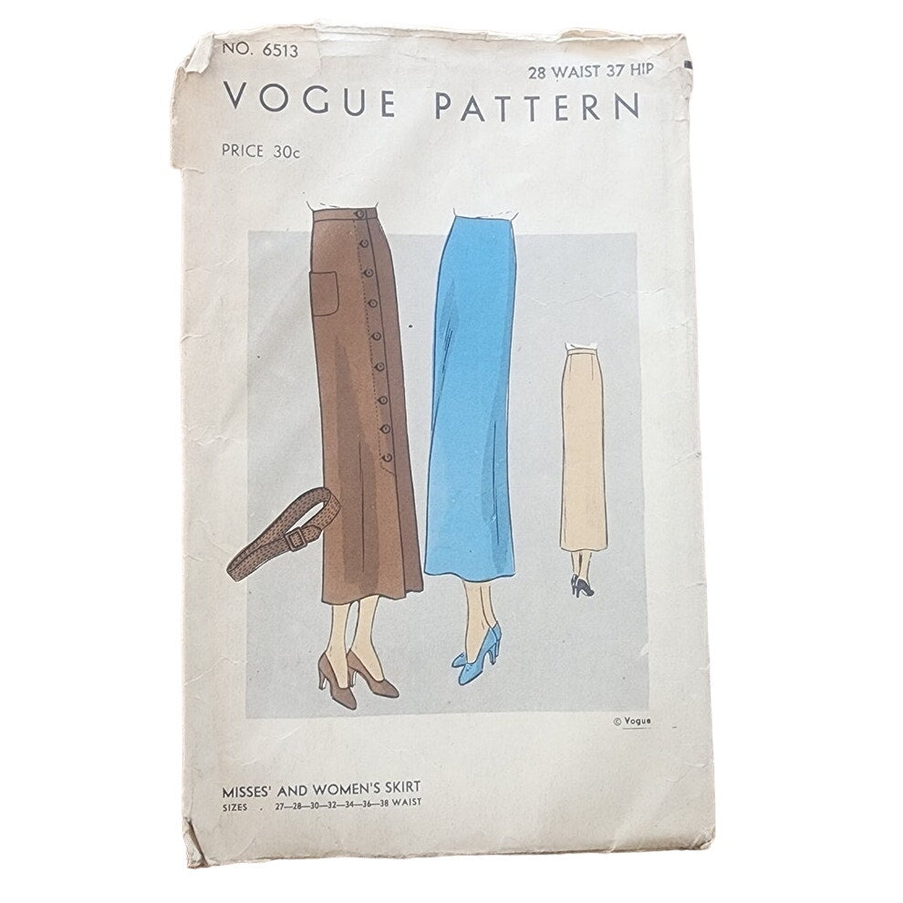 Vintage 30s Sewing Pattern:  Long Skirt Vogue Pattern 6513