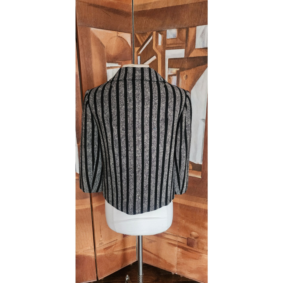 Vintage 60s SYBIL CONNOLLY Mod Cropped Blazer Gray Wool Tweed Black Stripes Large Collar