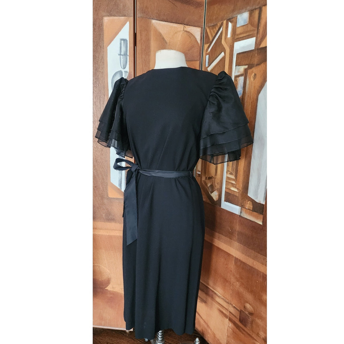 Vintage 1980s Bill Blass Party Dress Black Organza Puffy Sleeve Belted Medium